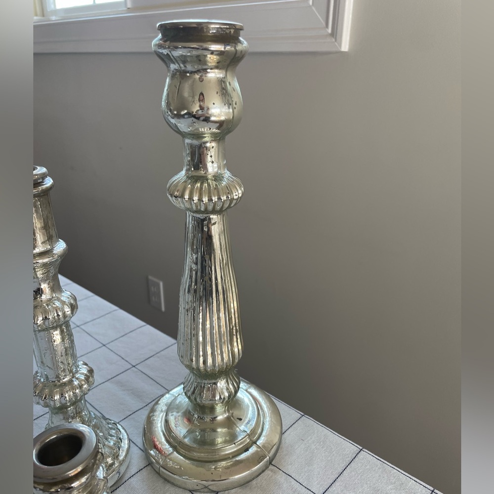 Pottery Barn Antique Silver Mercury Glass Taper Candlestick Holders Set of 3 - Picture 4 of 7